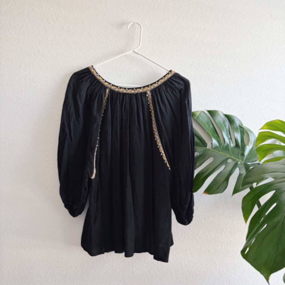 World Market Black Boho Blouse with White and Yellow Embroidery - Picture 8 of 9